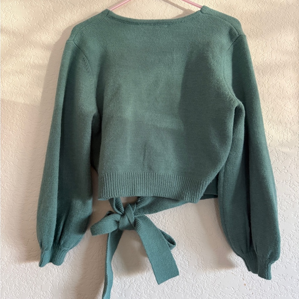 Dusty Teal Wrap Sweater - Picture 10 of 17